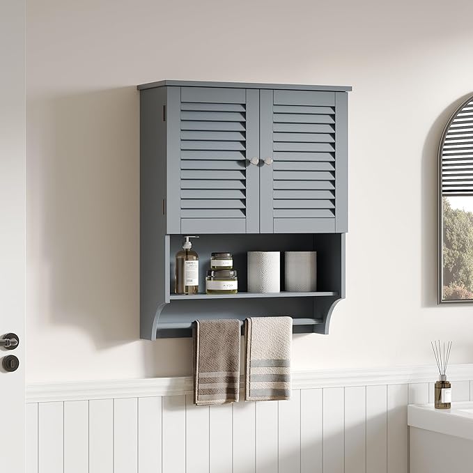 ChooChoo Bathroom Wall Cabinet with Towels Bar, 23.6" L x7.9 W x27.5 H MDF Material Medicine Cabinet, 2 Doors Over The Toilet Space Saver Storage Cabinet with Large Space, Grey