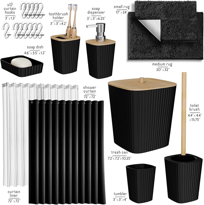 Clara Clark Bathroom Accessories Set - Bathroom Set, Bathroom Sets with Shower Curtain and Rugs, Shower Curtain Set with Bathroom Trash Can - Black - 22PC