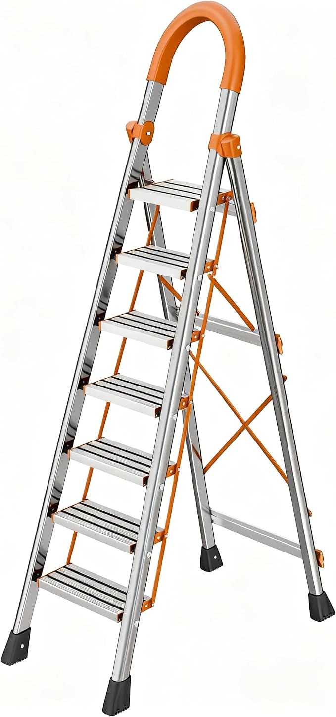 7 Step Folding Ladder, Portable Sturdy Steel Ladder, Heavy-Duty Step Stool with Anti-Slip Pedal and Handrails for Home & Kitchen Use