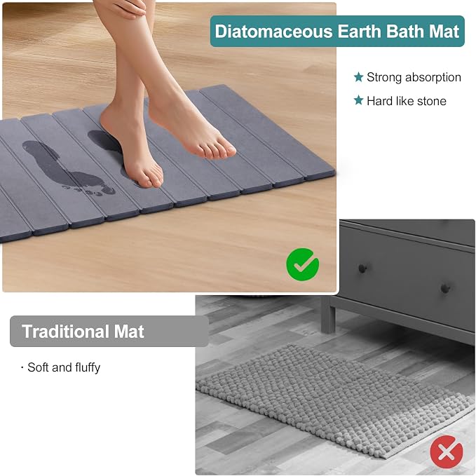 Foldable Stone Bath Mat, Quick-Drying Diatomite Bath Mat | Fast-Drying Hard Stone Drying Mat for Bathroom Shower Floor, 23.6 x 15.4 inch (Dark Grey)