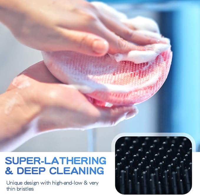 Manmihealth Silicone Back Scrubber(Thick Bristles) & Soft Bath Glove Set, Super-Exfoliating Body Scrubber & Super-Lathering Shower Brush Combination, with a Free Hook.(Black)