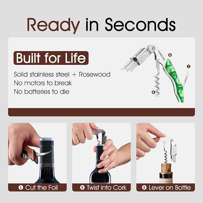 GOBETTER Wine Opener, Professional Corkscrews for Wine Bottles Cap Remover, Manual Wine Key for Home Use, Servers, Waiters Bartenders and Wine Lovers, Green Resin