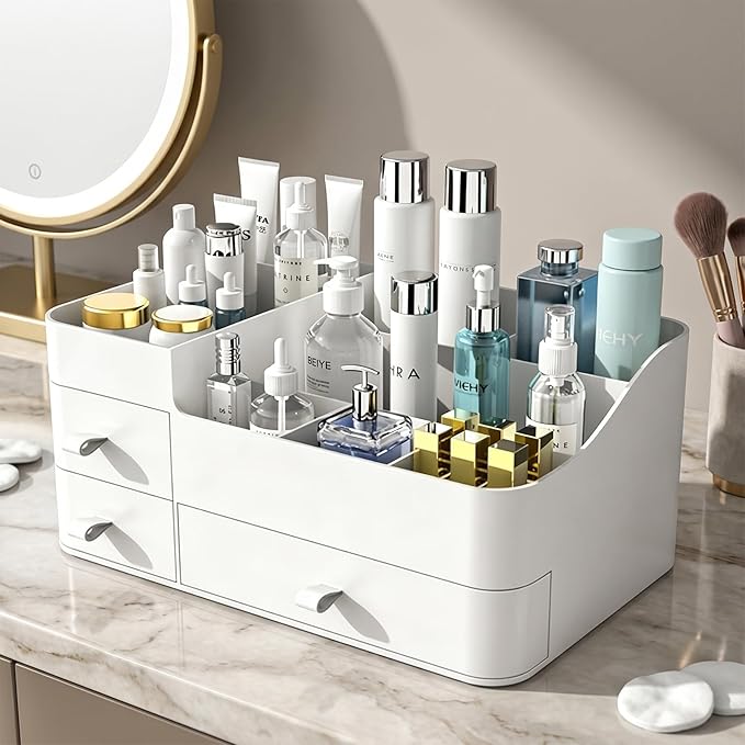 Makeup Organizer with Drawers, Bathroom Counter Organizer, Plastic Cosmetic Display Case, Large Skincare Storage for Vanity Countertop, Ideal for Bedroom Dresser top and Desktop
