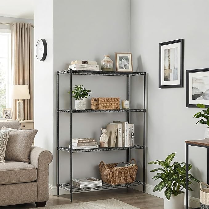 BestOffice 4-Tier Wire Shelving Unit, 1000 LBS Heavy Duty Metal Storage Shelves, Adjustable Wire Shelf for Garage, Kitchen, Pantry, Utility Shelving Rack with Leveling Feet, Black