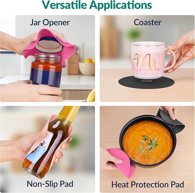 NIHOME Silicone Jar Opener – 6 Inch Large Anti-Slip Grip Pads, Premium 100% Food-Grade Silicone, Stylish Designer Colors, Multi-Purpose Heat-Resistant Mat & Coaster, Set of 4 (pink series)