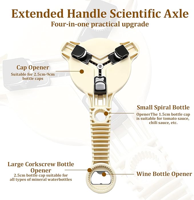 2026 Adjustable 4‑in‑1 Jar Opener with Red Wine Corkscrew & 2 Can Opener, Jar Opener for Seniors and Weak Hands, Perfect for Kitchen Jars, Bottles & Beer Caps (Beige)
