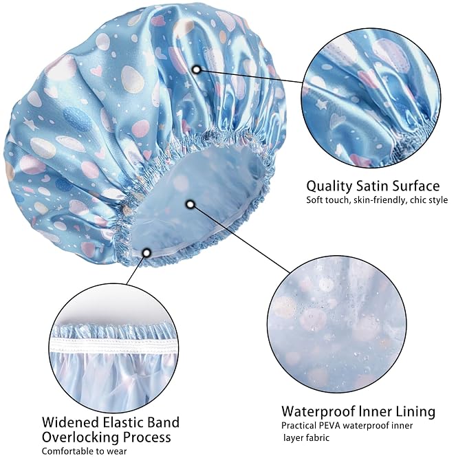 Shower Caps for Women, 4 PCS Elastic and Reusable Bath Caps, Double Layers Shower Cap Reusable Waterproof, Bathing Shower Caps, Environmental Bath Hair Protection Cap - Polka Dots