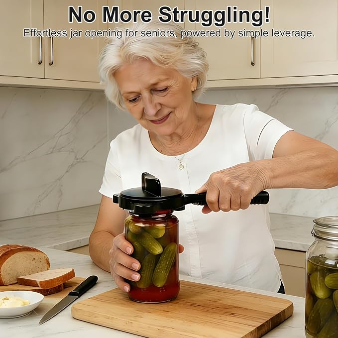 Jar Openers for Seniors, 4-in-1 Can Opener for Weak Hands & Seniors – Ergonomic Non-Slip Handle, Fits 1-3.5 Inch Kitchen Mason Jars, Bottles & Cans (Black)