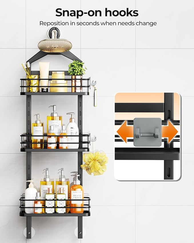 ODesign 3 Tier Height-Adjustable Shower Caddy Hanging Hanger Anti-Swing-Over The Shower Head Caddy-Shower Storage Organizer Bathroom Shelves Basket Shower Caddies-Black,11.9" x 4.84" x 36.2"