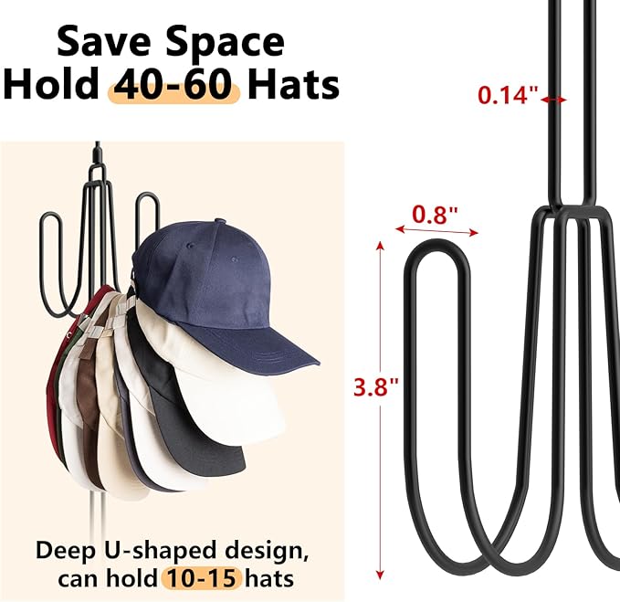 NANATI Hat Hangers for Closet, Stainless Steel Hat Organizer, Hat Racks for Baseball Caps, Cap Organizer for Baseball Caps, 1 Pack