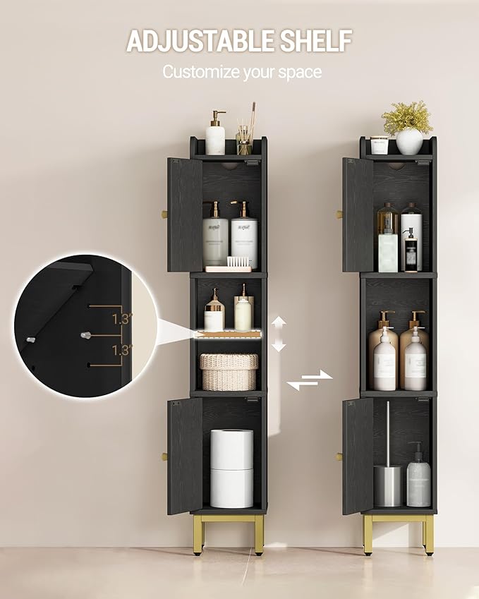 Hzuaneri Slim Bathroom Storage Cabinet, Narrow Bathroom Organizers and Storage with 4 Adjustable Feet, Laundry Room Organization for Small Space, Kitchen, Living Room, 2 Doors Black BC22404G