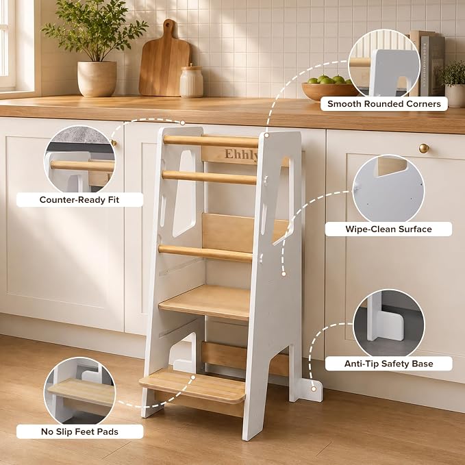EHHLY Toddler Standing Tower Kitchen Helper – Extra Safe Adjustable 3-Level Learning Tower, Stable Wooden Toddler Kitchen Stool and Step Stool for Independent Learning (White)