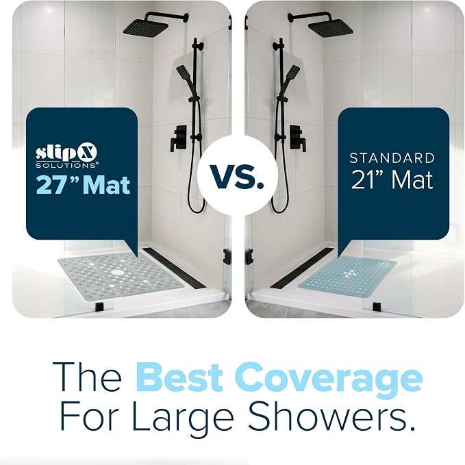 SlipX Solutions 27" Oversize Square Shower Mat, Non-Slip Mat for Elderly & Kids, 100+ Power Grip Suction Cups for Smooth Surfaces, Machine Washable, Translucent Gray