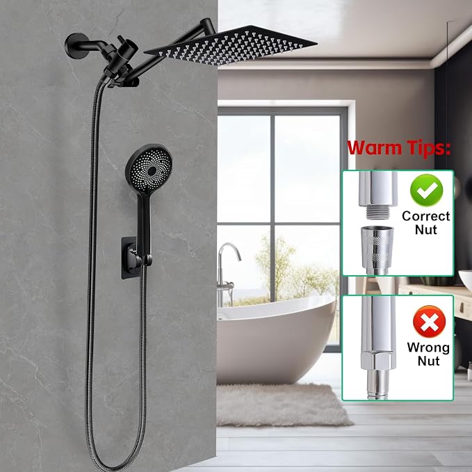 Shower Head,10”Rain Shower Head with Handheld Spray Combo and Adjustable Extension Arm/3-Way Flow Regulator/Shower System,High Pressure Rain Fall Hose,Matt Black