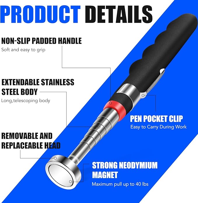 3PCS Telescoping Magnetic Pick Up Tool Extendable up to 31", 30lb 40lb 80lb Telescopic Magnet Stick with Extra Strong Magnet for Men, Husband, Birthday, Father's Day, Christmas