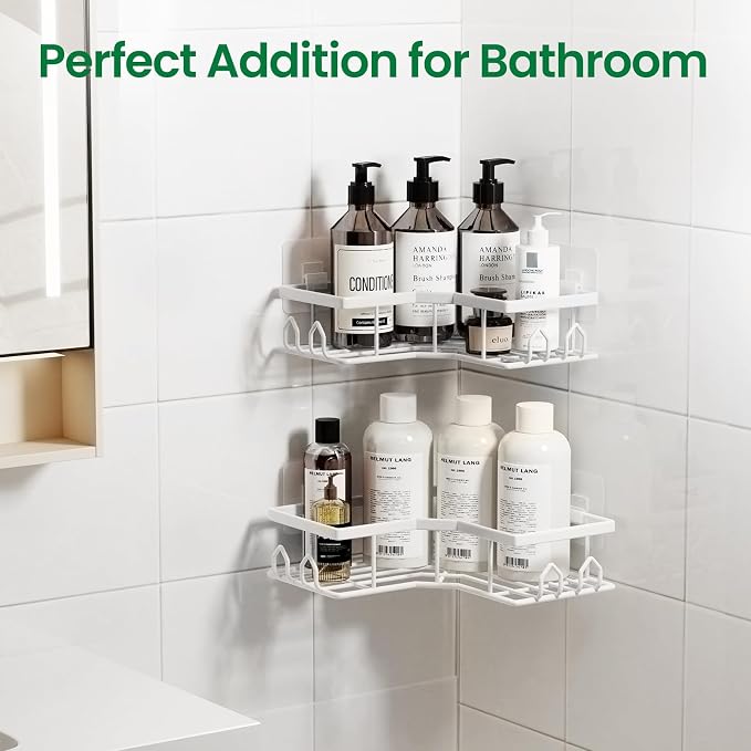 Adhesive Shower Caddy, 4 Pack Corner Bath Organizer, Rustproof Stainless Steel Shower Shelves with Large Capacity, No Drilling Shelves for Bathroom Storage, Home, Kitchen Décor (White).
