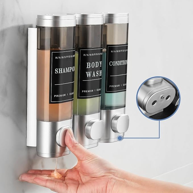 Shower Soap Dispenser Wall Mounted No Drill Shampoo Dispenser for Shower Wall Shampoo and Conditioner Dispenser Bathroom Hotel 3 * 300ml with Waterproof Labels Sliver