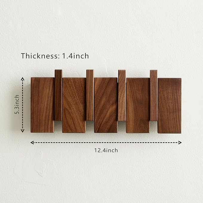 QUELLANCE Wooden Coat Hooks Wall Mounted, Coat Rack Hanger Wall Mount with 4 Hooks, Heavy Duty Coat Hooks for Hanging Coats/Keys/Hats/Robe&Towels/Plants/Bags, Home Decor Gift, Walnut