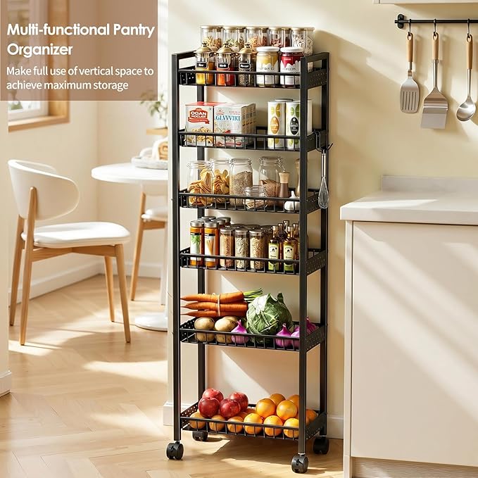 6 Tier Slim Storage Cart, Narrow Rolling Cart with Wheels, Narrow Mobile Utility Shelf Unit Organizer for Kitchen, Bathroom, Laundry Room, Living Room, Small Places, 6in(W), Black