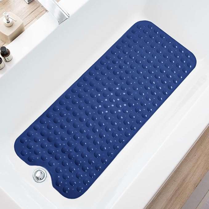 TEESHLY Bath Tub and Shower Mats, Non-Slip 39 x 16 Inch Extra Long Bathtub Mat, Machine Washable BathMat with Drain Holes, Suction Cups for Bathroom (Opaque Navy Blue)