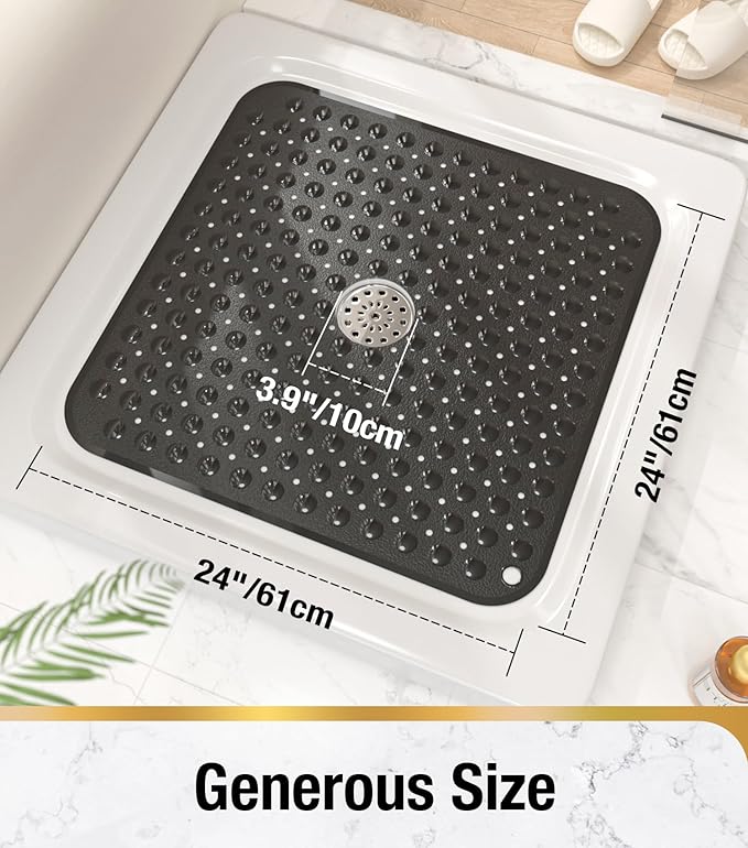 HITSLAM Shower Bathtub Mat Non Slip, 24"x 24" Bath Mat for Tub, Soft PVC Shower Mats for Inside Shower with Suction Cups and Center Drain Hole, Machine Washable Bathroom Floor Mat, Black