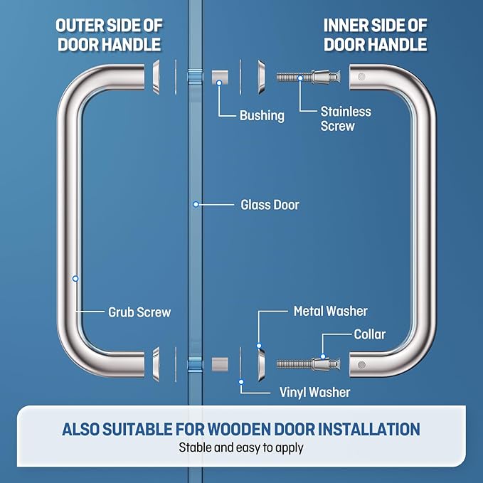 Ranbo Polished Chrome 8" （CTC） Tubular Back-to-Back Shower Door Handle，Heavy-Duty 1.0mm Thick 304 Stainless Steel, for 1/4"- 1/2" Thick Glass and 1-3/8" - 2-1/6" Thick Wooden or Metal Doors