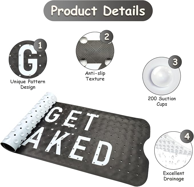 Bathtub Mat Non Slip, Get Naked Extra Long Bath tub Mat Shower Floor Mat with Suction Cups and Drain Holes for Adults Kids Elderly 40 X 16 Inch