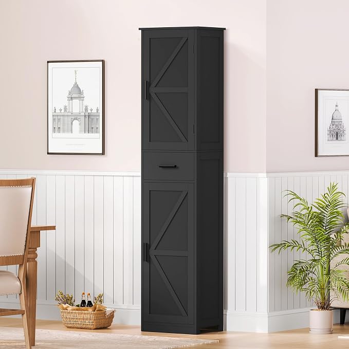 TEENFON Tall Bathroom Cabinet, Storage Cabinet with 6 Shelves & Drawer, Bathroom Storage Cabinet with Adjustable Shelves, Tall Cabinet for Living Room, Home Office, Black