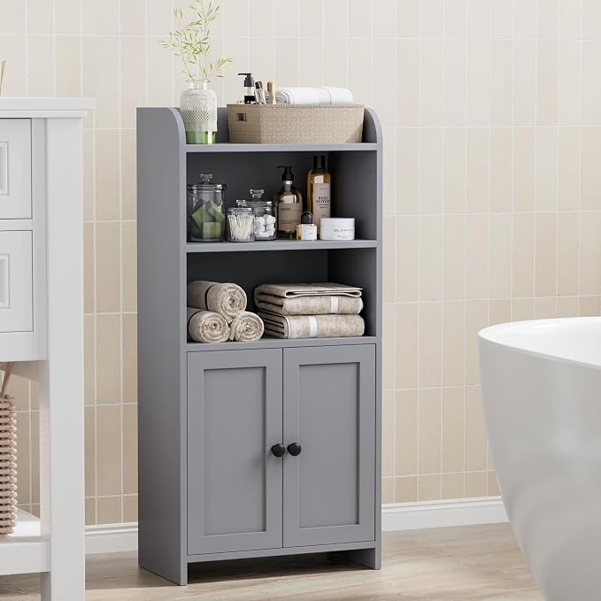 Homhedy Small Bathroom Storage Cabinet, Freestanding Toilet Paper Storage with 2 Doors and Shelves, Bathroom Organizers and Storage for Small Spaces, Laundry Room, 7.9" D x 14.6" W x 31" H, Gray