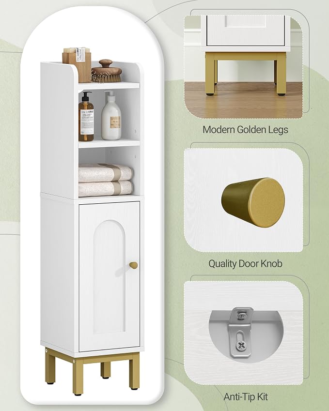 Hzuaneri Bathroom Storage Cabinet, Small Corner Floor Cabinet with Door and Shelves, Narrow Toilet Paper Holder, Bathroom Organizer with Adjustable Shelf, for Small Spaces, White BC08203X