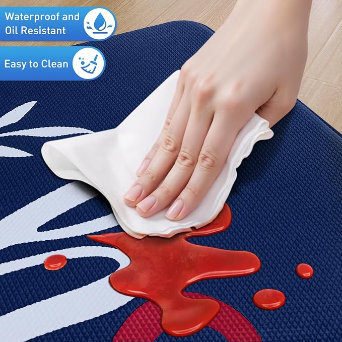 HappyTrends Kitchen Mat for Floor, 2PCS Cushioned Anti-Fatigue Kitchen Rugs, Waterproof Non-Slip Standing Mats and Rugs Set for Kitchen, Office, Laundry, Navy, 17.3"×30"+17.3"×47"