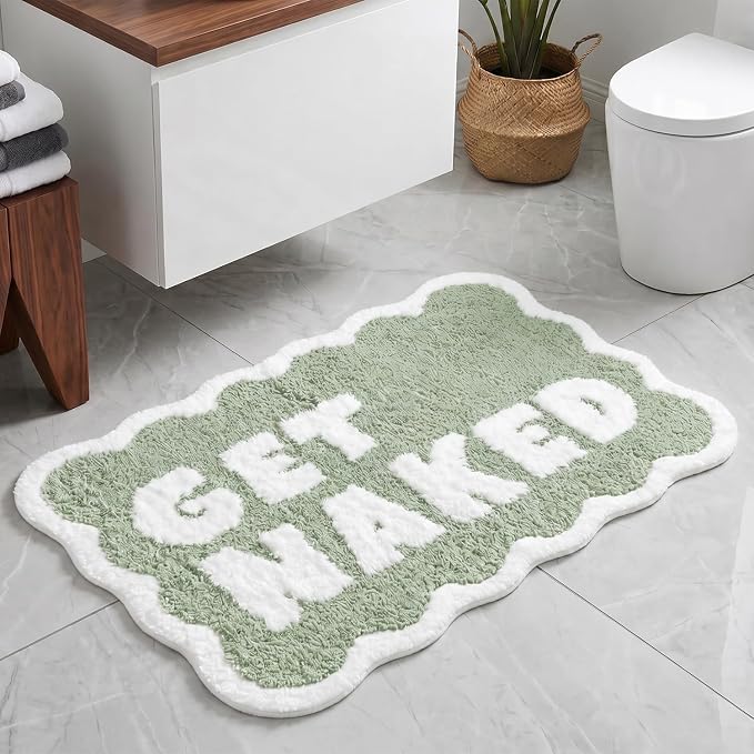 Scalloped Sage Green Bath Rug, Get Naked Cute Bathroom Rug, Soft Absorbent Quick Dry Bath Mat, TPR Non Slip Backing, Microfiber Mat for Shower Tub Sink Vanity 20" x 31.5"