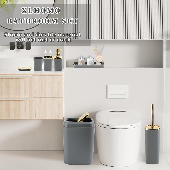XLHOMO Bathroom Set - Grey and Gold Bathroom Accessories Set, Bathroom Sets with Shower Curtain and Rugs, Grey Shower Curtain Set with Bathroom Trash Can, Soap Dispenser, Soap Dish for Home Decor