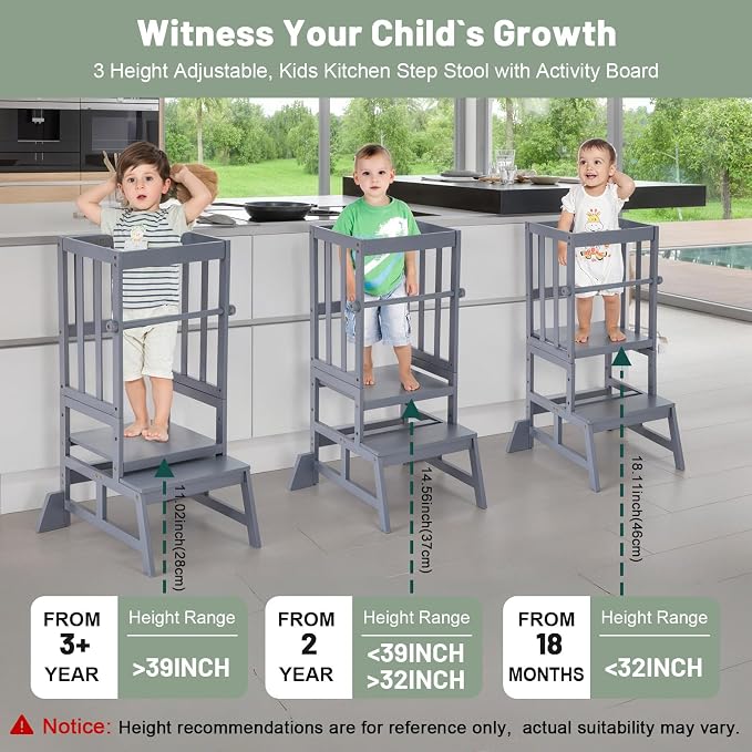 COSYLAND Toddler Standing Tower - Adjustable Height Toddler Kitchen Stool Helper - Kids Kitchen Step Stool for Learning with Removable Safety Railing Ash Gray