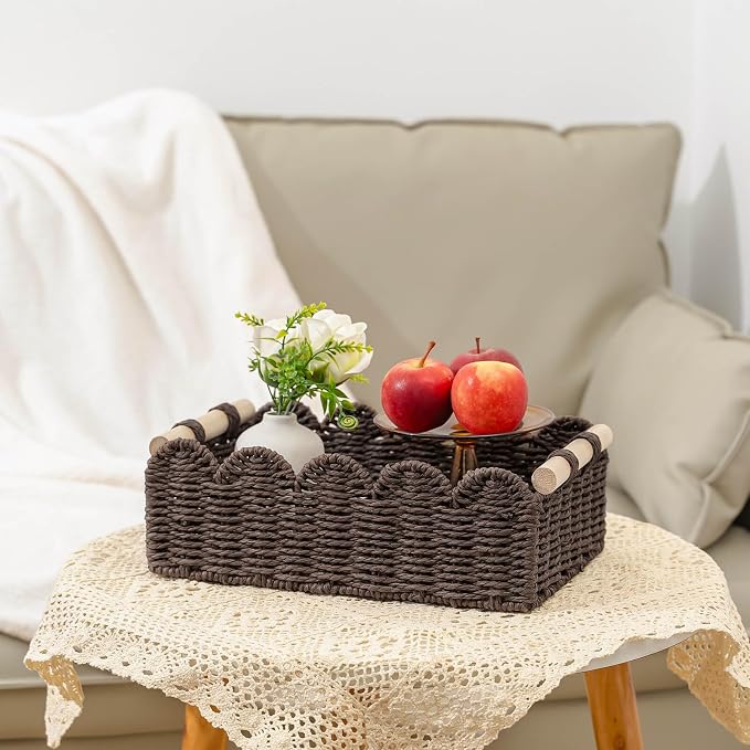 CubesLand Toilet Paper Storage Organizer Basket, Scalloped Decorative Baskets for Over Toilet Shelves, Wicker Small Basket Perfect for Home Countertop Storage & Decor, Living Room Shelf Decor, Brown
