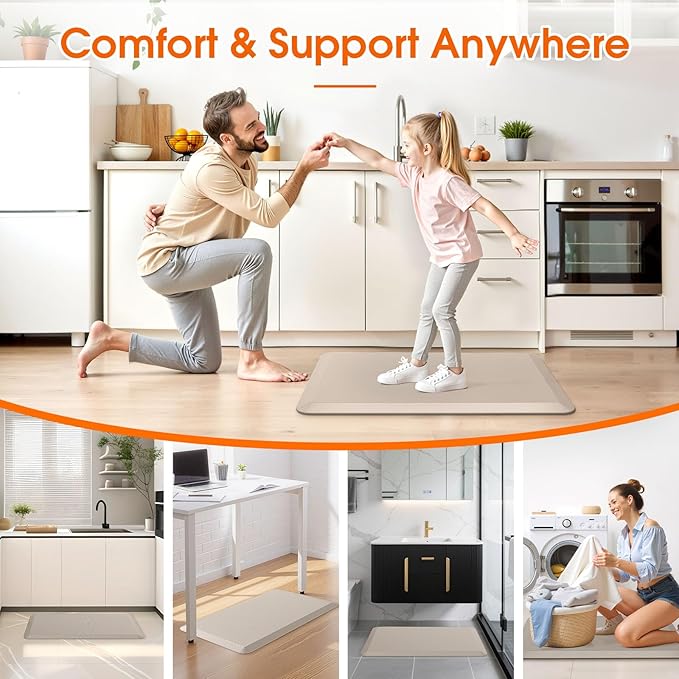 TranquilRelax Kitchen Mat, Cushioned Thick Floor Comfort Mat, with Non-Slip Bottom, Waterproof & Stain Resistant & Easy Clean, Standing Desk Mat for Kitchen, Sink, Office (17.3''x28'', Khaki)