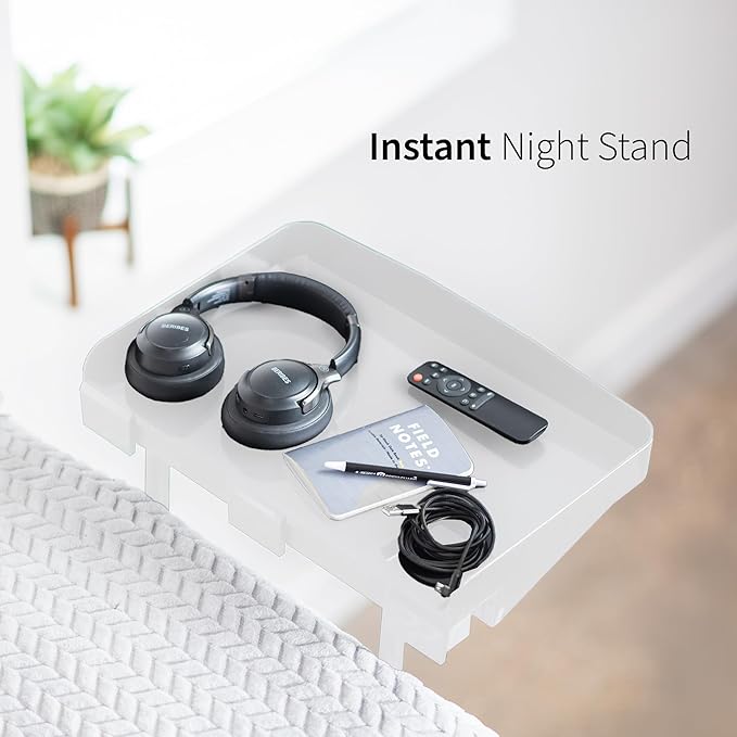 Height Adjustable Under Mattress 17 inch Bedside Shelf, Works with Lofts and Beds Without Frames, Heavy Duty Storage Tray, Fits Laptops, Books, and Drinks, Nightstand Alternative, White
