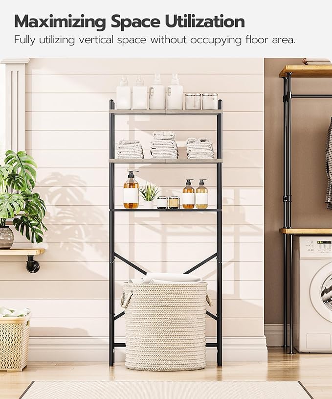 HOOBRO Over the Toilet Storage, 3-Tier Over Toilet Bathroom Organizer, Freestanding Above Toilet Shelf with Adjustable Feet, Space Saving, Easy Assembly, Greige and Black BG63TS01