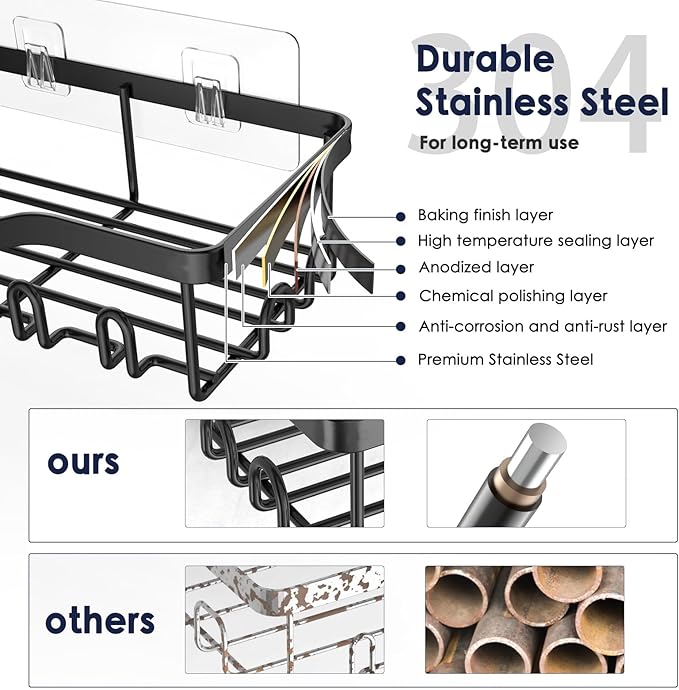 NESOMI Shower Caddy Adhesive Shower Organizer 7-Pack, Rustproof Stainless Steel Bathroom Shelves, Large Capacity No-Drill Rack Storage Accessories with Soap Dish Toothbrush Holder &24 Hooks Home Decor
