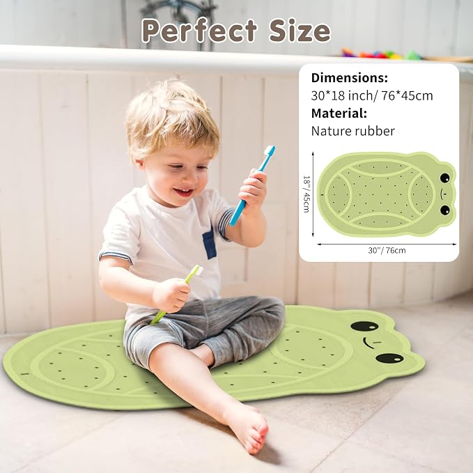 Upgraded Kids Bathtub Mat Non Slip, Low-Odor Natural Rubber Bath Mat with Strong 18mm Suction Cups, Flat Non-Slip Surface, 30"x18" Cute Frog Design, Shower Mat Fast Draining for Smooth Tubs, Green