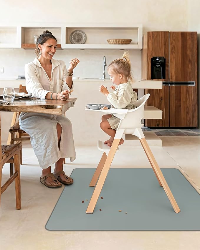 Blissful Diary Baby Splat Mat for Under High Chair, 50.4 x 50.4 Inch Wipeable Splash Mat, Waterproof and Washable, Anti-Slip Floor Protector, Silver Mist