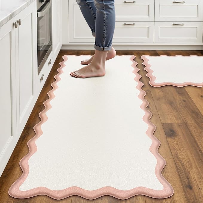 Arenarug Scalloped Pink Kitchen Mats Rugs Sets of 2 Cushioned Anti Fatigue Floor Mat Waterproof Kitchen Rugs Non Slip Foam Comfort Standing Mat for Sink Laundry