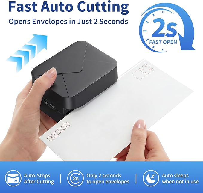 Rechargeable Electric Letter Opener Mail Opener Letter Openers Envelope Slitter Automatic Letter Opener Portable & Safe Blade Design, Universal Envelope Efficient Tool for Office Home (Black)
