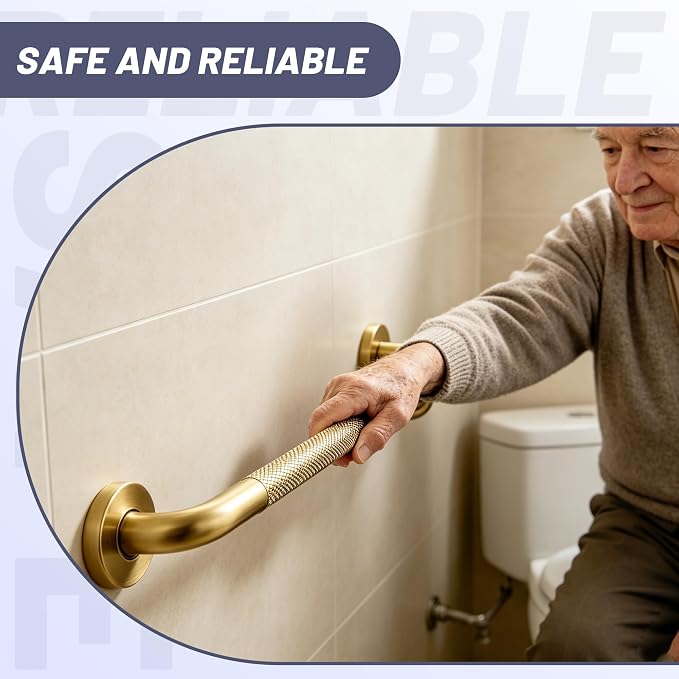 32 Inch Shower Grab Bar, Brushed Gold Anti Slip Safety Bars, 304 Stainless Steel Bathroom Handrail, Handicap Grab Bars for Wall, Shower Grip Handle for Seniors Elderly Injury Assist Bath (1.25" Dia)