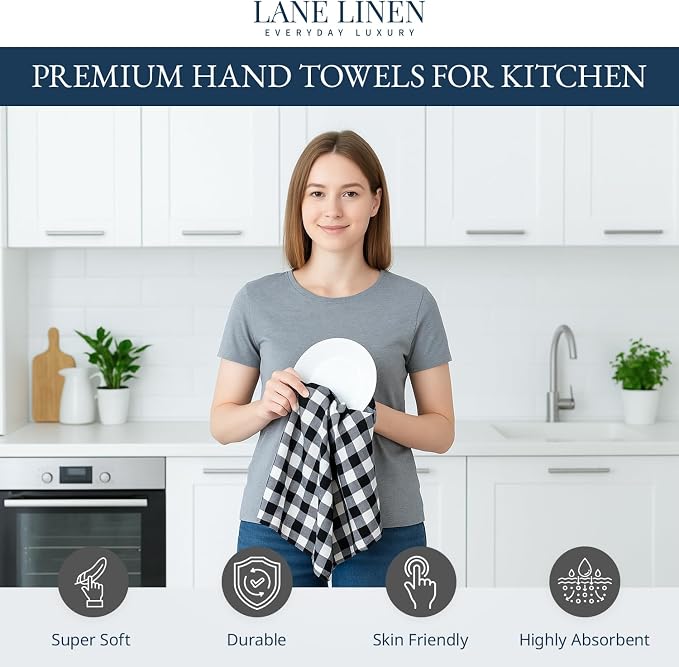 LANE LINEN Kitchen Towels Set – Pack of 6 Cotton Dish Cloths, 18”x28”, Soft & Quick-Drying Tea Towels for Cleaning – Black