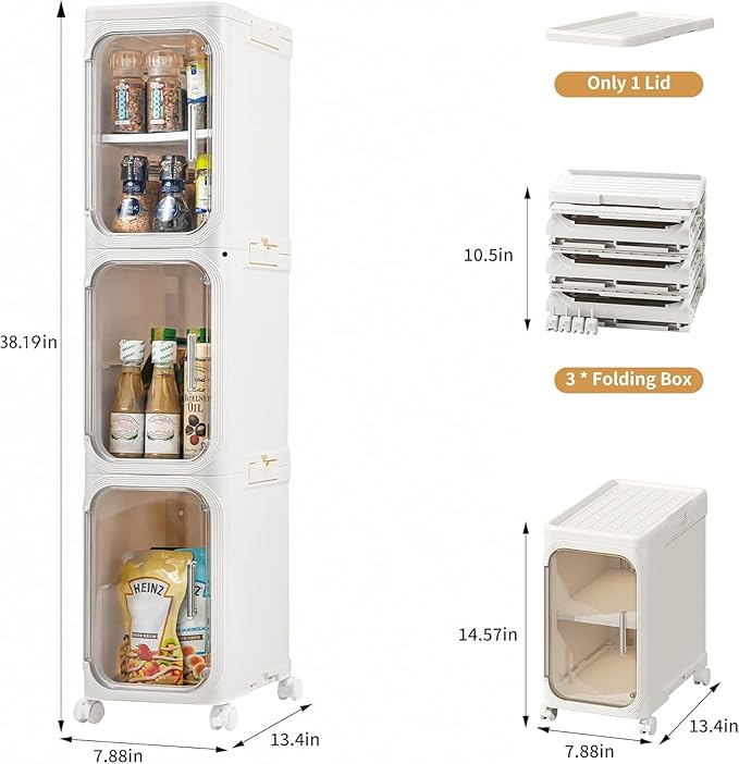 3-Tier Tall Narrow Storage Cabinet, Slim Bathroom Storage Cabinet with Adjustable Shelves and Wheels, Narrow Organizer for Small Space, Bathroom, Kitchen, Laundry, Cream White