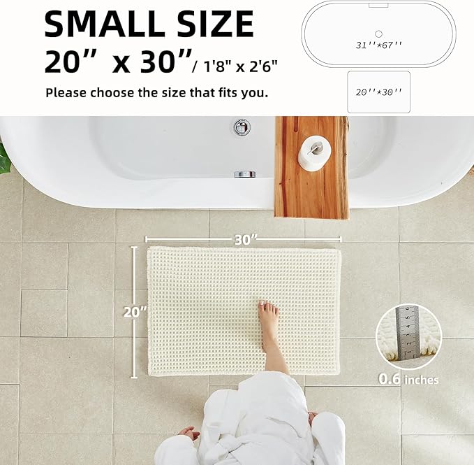 TYUU Cream White Bathroom Rugs, Waffle Bath Mat Non Slip Washable Super Absorbent Quick Dry Boho Farmhouse Bathroom Decor, 30"x20" Cream White