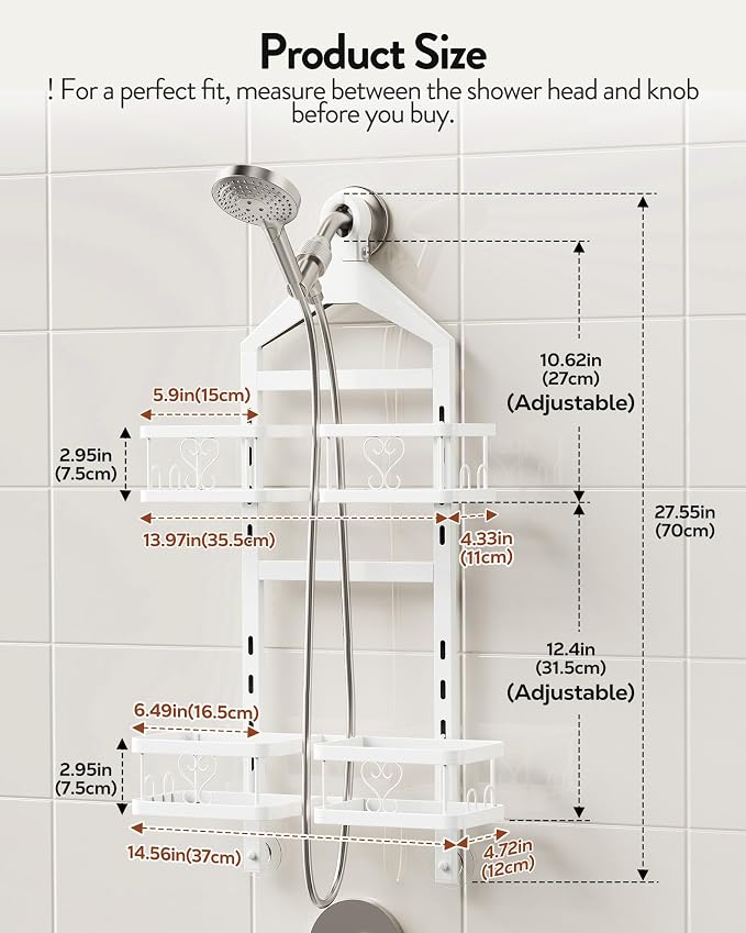 Orimade Adjustable Hanging Shower Caddy for Handheld Shower Heads, Rustproof Bathroom Shelf Organizer Over Showerhead Storage Rack with 8 Hooks, Easy-Clean Removable Baskets & Triple Anti-Slip, White