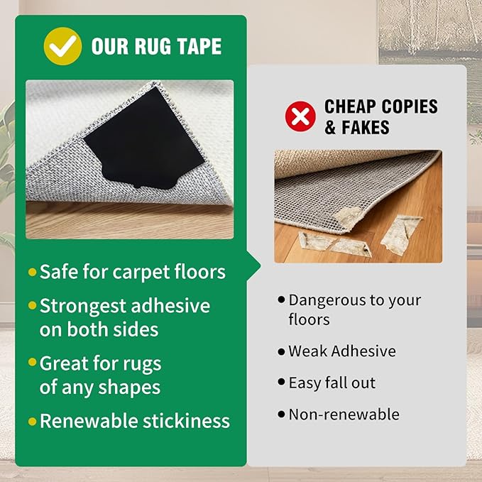 24 PCS Double Sided Carpet Rug Tape for Hardwood & Tile Floors, No Residue | Non Slip Rug Pads Stickers for Area Rugs, Fits Hardwood Tile Laminate Floors, Double Sided Adhesive, No Residue No Damage