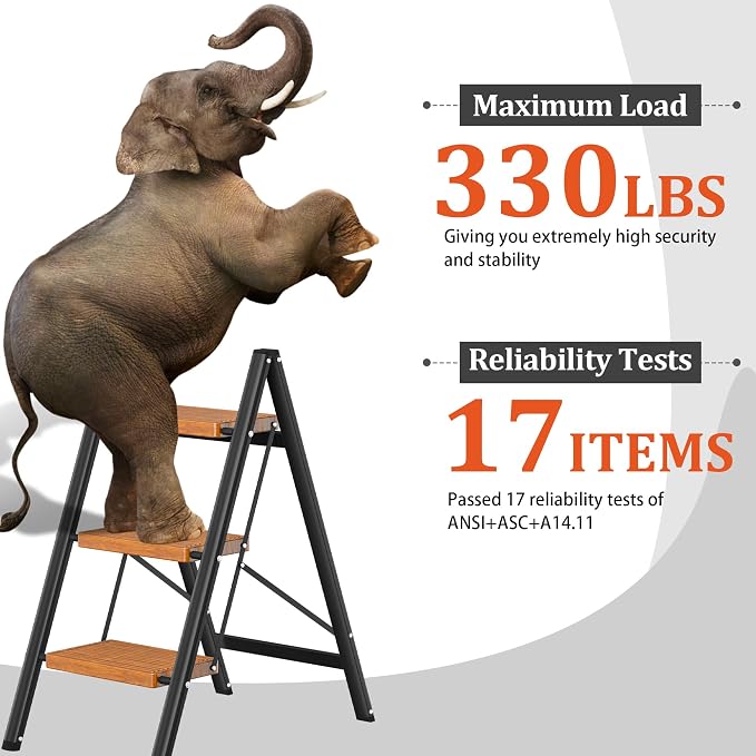DIAMONDFORGE 3 Step Ladder, Lightweight Folding Step with Wide Anti-Slip Pedal & Feet, 330 lbs Capacity,Sturdy Steel Step Ladder for Home,Kitchen and Office,Woodgrain